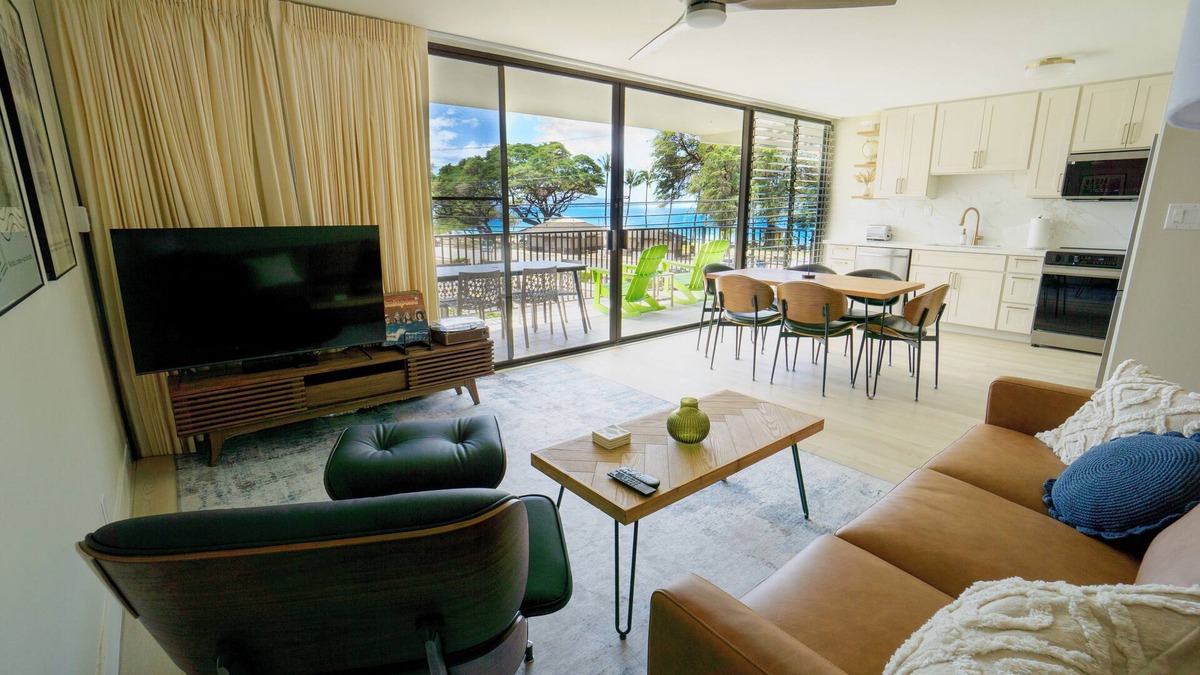 Kihei Condo | OCEAN FRONT modern 2BR 2BA, king bed, laundry, beach, AC, pool, steps to beach!