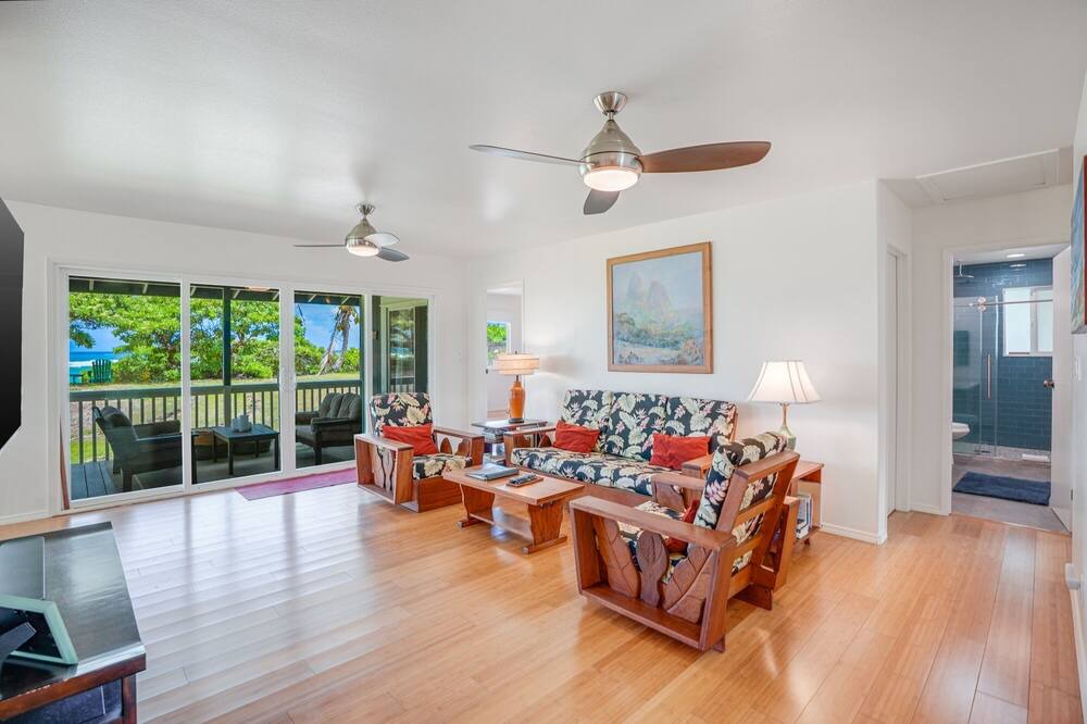 Anahola House | Hale Makai Beachfront Home, AC, Oceanfront on Anahola Bay, TVNC# 5065