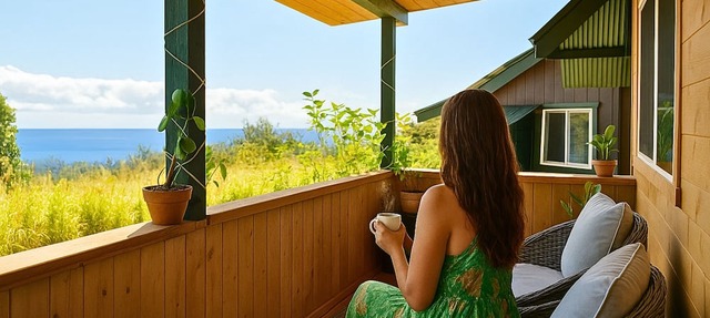 Tropical Ocean View Cottage Couples & Solo Retreat, Farm Jungalow Cabin w/180° Sunrise & Ocean View
