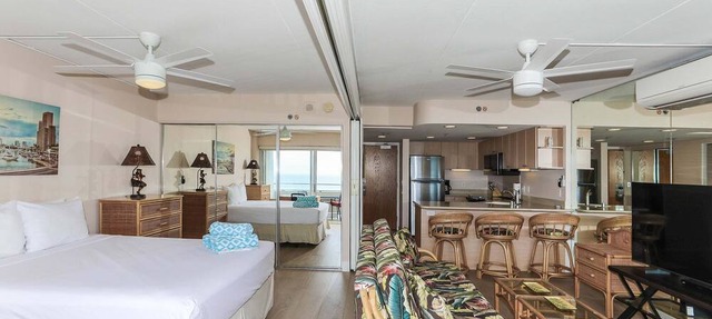 One-Bedroom Deluxe (Renovated) Unit with a view of the Duke Kahanamoku Lagoon and Waikiki Beach